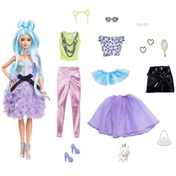 Barbie Extra Aksesuarlı Mavi Saçlı Model Bebek GYJ69-Oyuncak Bebekler